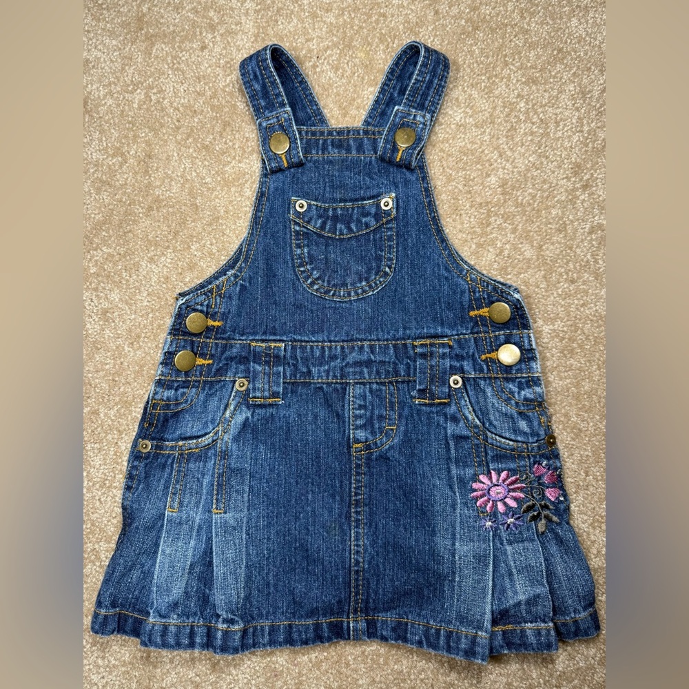 Vintage Denim Jumper Dress (Denim & Co for Primark) Floral Embroidery, Size 2-3